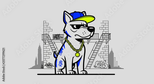 Cool urban dog wearing baseball cap and gold chain
