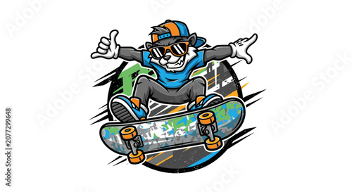 Cool wolf character riding a skateboard in urban style