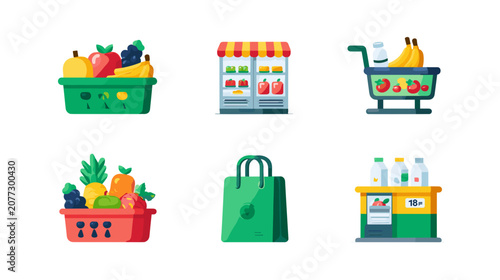 Photos Assorted Fresh Fruits and Vegetables in Shopping Baskets and Cart with Grocery S