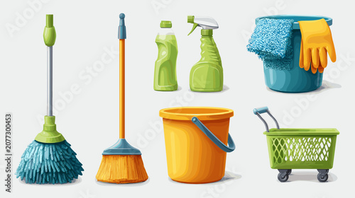 Fotografie Assorted Cleaning Supplies Including Mops Brooms Buckets Sprays and Gloves on Wh
