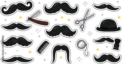 Fotografía Vintage barber shop sticker vector illustration set featuring assorted mustache shapes straight razor scissors bowler hat monocle comb and shaving brush isolated on white background