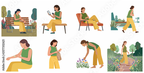 фотографія Vector illustrations of a woman experiencing skin allergy symptoms, itching, and applying treatment ointment in various outdoor and indoor settings
