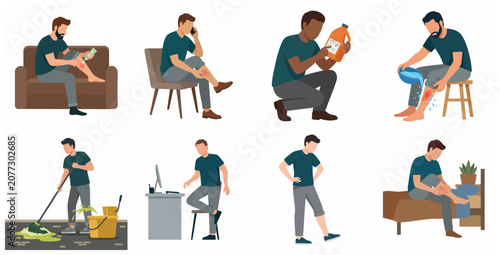 Cuadro en lienzo Vector illustration set of men experiencing chemical burns and performing first