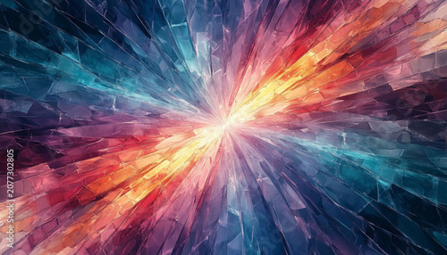 Abstract colorful broken glass surface with a cracked tile pattern.
