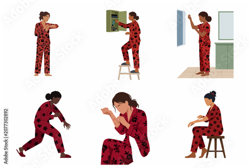 Quadro em tela Set of flat vector illustrations showing women in red floral pajamas managing skin conditions, rashes, and eczema with topical treatments and skincare routines