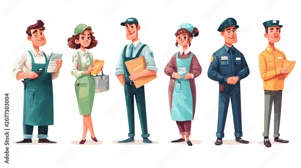 Obraz premium Diverse Pixel Art Characters Representing Different Professions Standing Together On White