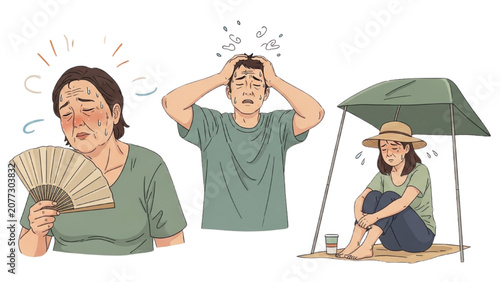 Obraz na plátně People suffer heat under sunny outdoor scene with umbrella and cooling fan