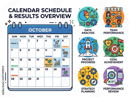 October calendar with colorful icons.