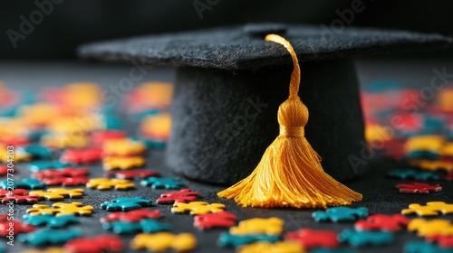 Black graduation cap with  gold tassel resting among scattered colorful jigsaw puzzle pieces