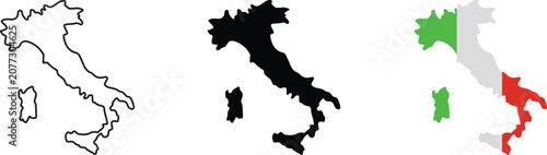 Three variations of the italy country map shape including a black outline, a solid black silhouette, and a version filled with the green, white, and red italian national flag colors