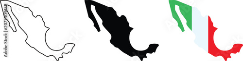 Three variations of the mexico country map, including a simple black outline, a solid black silhouette, and a detailed map filled with the official green, white, and red mexican national