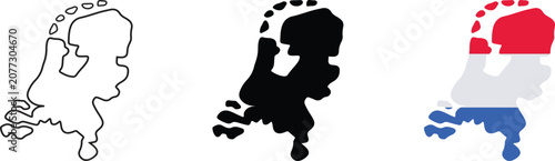 Three variations of the netherlands country map, including a simple black outline, a solid black silhouette, and a detailed map filled with the official red, white, and blue dutch