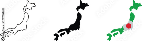 Three variations of the japan country map shape including a black outline, a solid black silhouette, and a version filled with the green map and the japanese national flag sun symbol