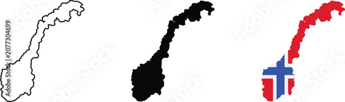 Three variations of the norway country map, including a simple black outline, a solid black silhouette, and a detailed map filled with the official red, white, and blue norwegian national