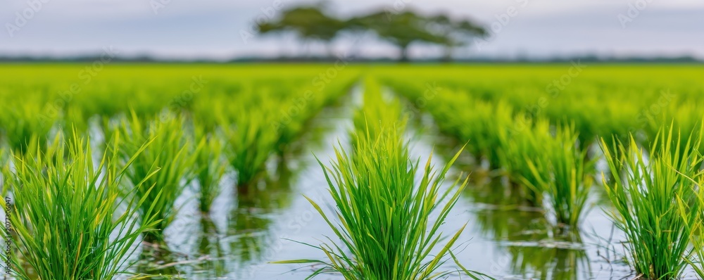 Obraz premium Rows of vibrant green rice seedlings growing in flooded paddy field under cloudy sky
