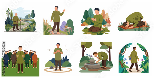 Fotografie Set of flat illustrations depicting a Muslim man's spiritual journey, including