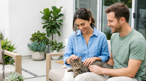 Happy young couple playing with their cat on home terrace