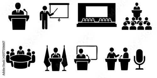 Obraz na plátně Business people present at a conference with a screen and microphone