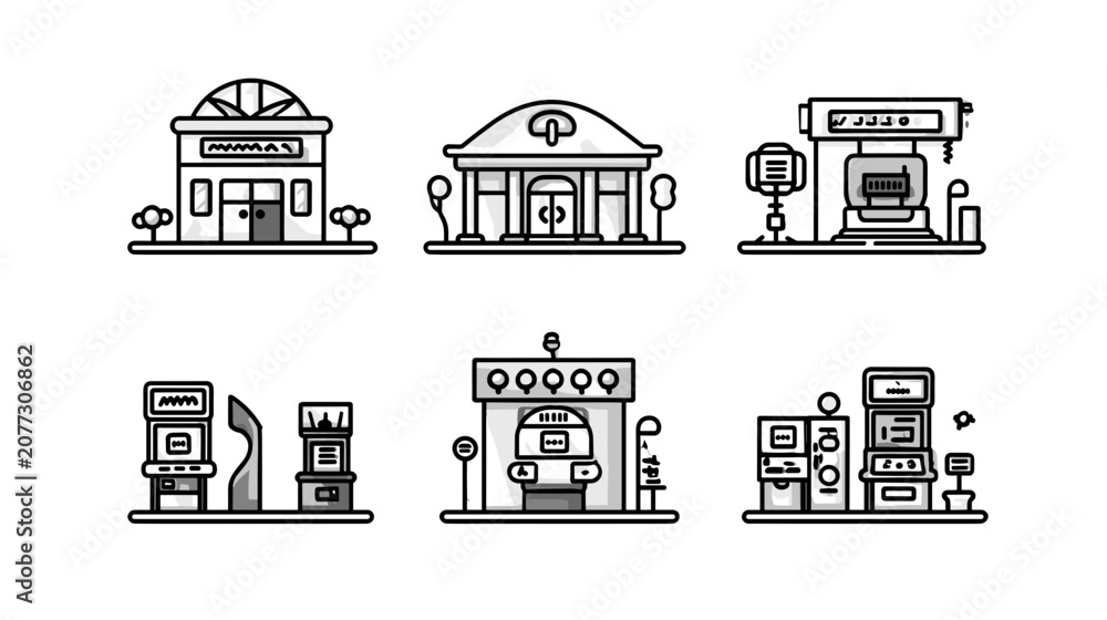 Fototapeta premium Set Of Six Business Buildings And Stores Facades With Arcade Game Machines And Vending Machines