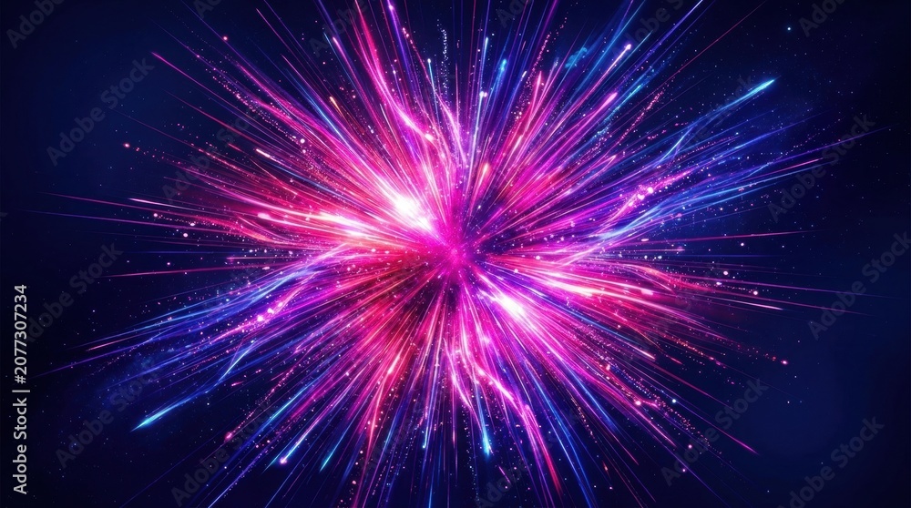 Fototapeta premium Bright Pink and Purple Starburst Bursting with Energy Dark abstract scene neon light diffusion