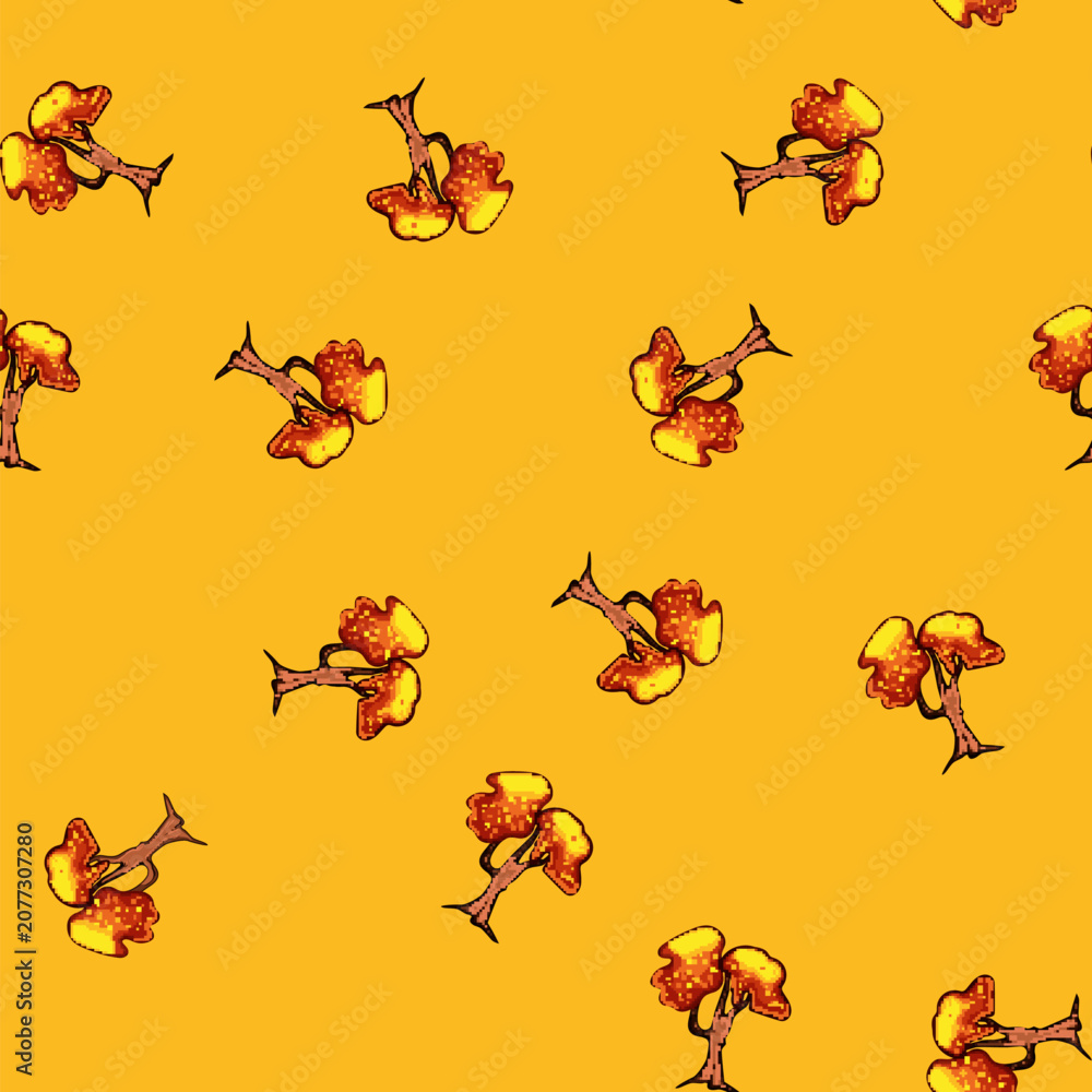 Obraz premium seamless pattern Stylized cartoonish tree with glowing orange and yellow foliage, isolated on a white background, useful for game environments, storybook illustrations, or digital graphic assets