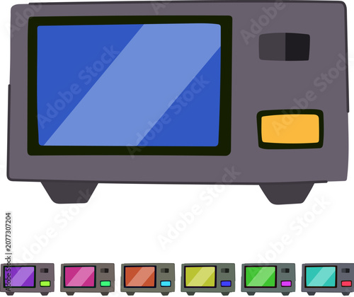 Cartoon depicting an electronic watt meter device showing a screen and control buttons, representing energy monitoring, electricity usage, and modern technology