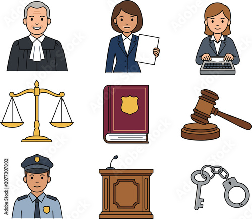 Bild auf Leinwand Law and justice vector icon set featuring judge lawyer court stenographer scales code book gavel police officer podium and handcuffs isolated on white background