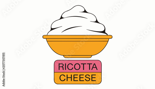Cuadro en lienzo Very beautiful black and white vector of RICOTTA CHEESE featuring soft creamy texture in a serving bowl, isolated on white background, with a bold label reading RICOTTA CHEESE beneath