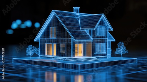 Futuristic Digital Blueprint of a Modern House with Glowing Interior Lights.