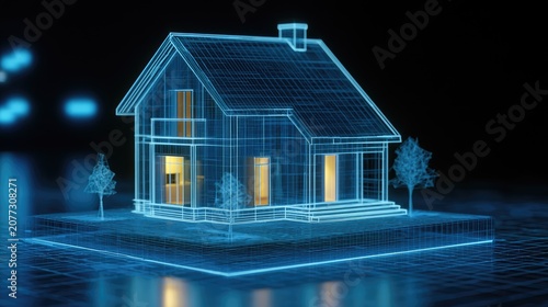 Futuristic Holographic Blueprint of a Modern House with Glowing Interior Lights.