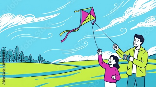 Kite Flying Bright Afternoon. Child holds a colorful kite while parent steadies the string in a windy open field