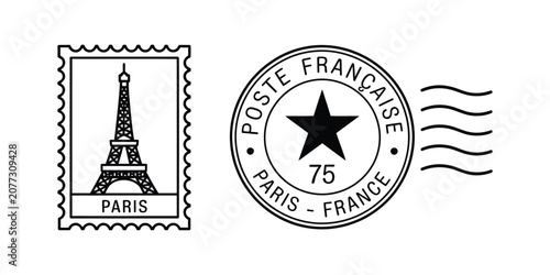Konstfotografi Paris France Postage Stamp with Eiffel Tower Illustration, Circular Postmark, an