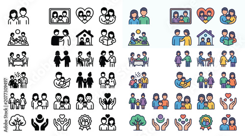 Canvas-taulu Collection of family icons representing different family structures and relationships, in various styles