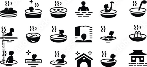 Konstfotografi GlobJapanese onsen and thermal spa glyph icon set featuring hot spring bathhouse