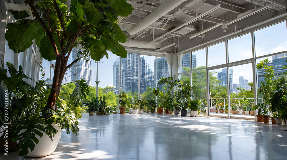 Fototapeta premium spacious plant filled atrium with tropical foliage and skylight representing sustainable architecture design suitable for real estate marketing and green building