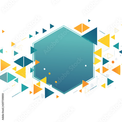Abstract geometric hexagon with scattered triangles and polygons