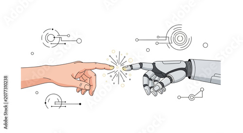 Human and robot hands touching fingertips for partnership
