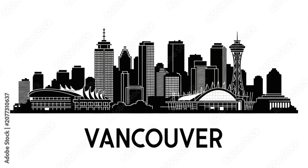 Obraz premium Vancouver Cityscape Silhouette: Urban Panorama in Black and White