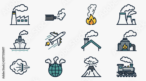 Minimalist Black and White Line Icons Set Featuring Industrial Pollution Transportation and Natural Disasters