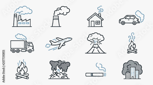 Creative Black and White Line Icons Set Showcasing Various Sources of Air Pollution and Emissions