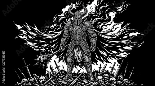 Dark Warrior Knight Armor Skull Mace Fire Background Vector Art
