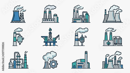 Industrial Icons Showcasing Various Factories Power Plants and Energy Production Equipment in Blue Gray and Green