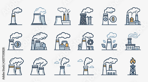 Industrial Power Plants and Energy Facilities Icons Set with Various Emissions and Technologies