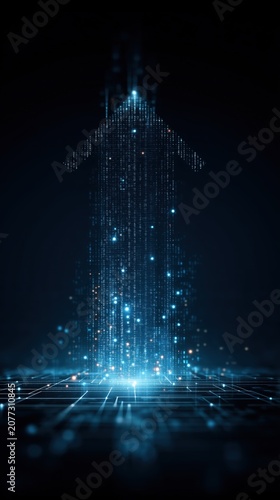 Digital arrow composed of glowing particles and lines, representing upward movement and progress in a dark, futuristic environment with a grid pattern