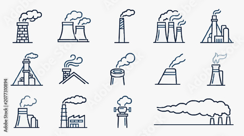 Professional Monochrome Line Drawing Set of Industrial Pollution and Emission Sources with Smoke and Factories