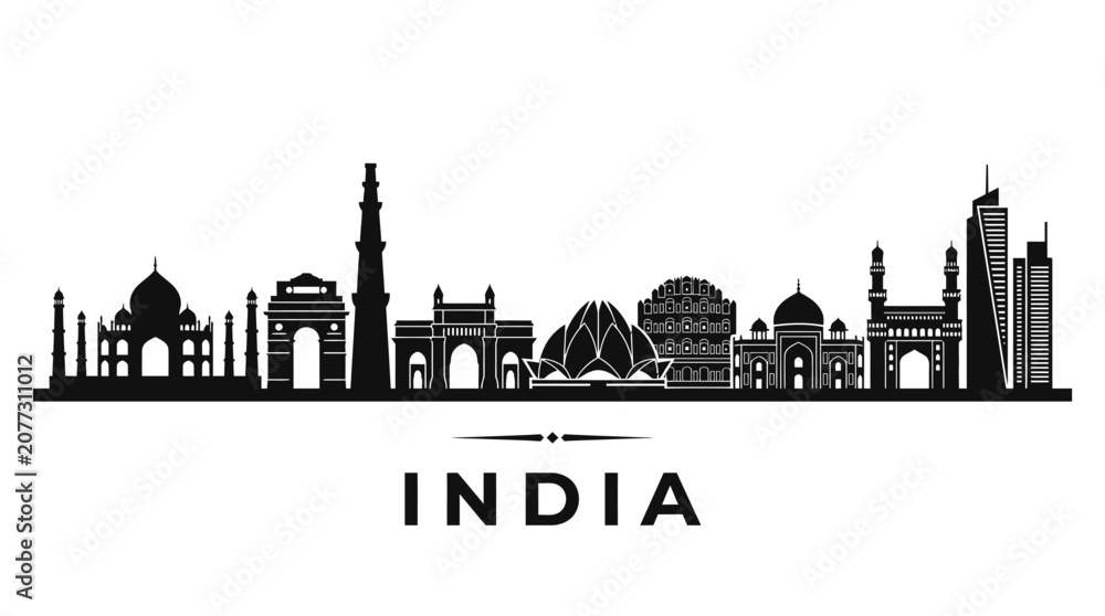 Obraz premium India Skyline Silhouette - Famous Landmarks and Architecture