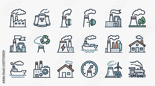 Modern Minimalist Line Art Icons Set Featuring Industrial Energy Environmental and Transportation Elements in Blue Green Gray