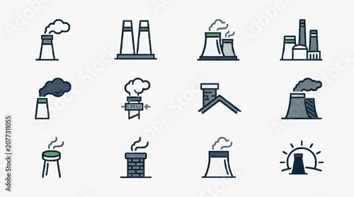Modern Minimalist Line Icons Set Featuring Various Industrial and Energy Related Structures in Monochrome