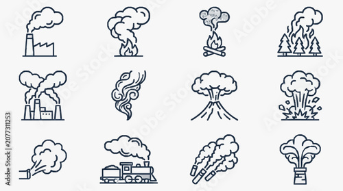 Minimalist Black and White Line Drawing Icons of Various Pollution and Environmental Disasters with high quality professional line art symbols for modern creative design and digital branding projects