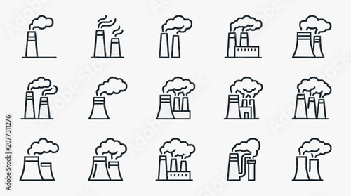 Minimalist Black and White Line Drawing Icons of Industrial Chimneys with Emissions and Clouds with high quality professional line art symbols for modern creative design and digital branding projects